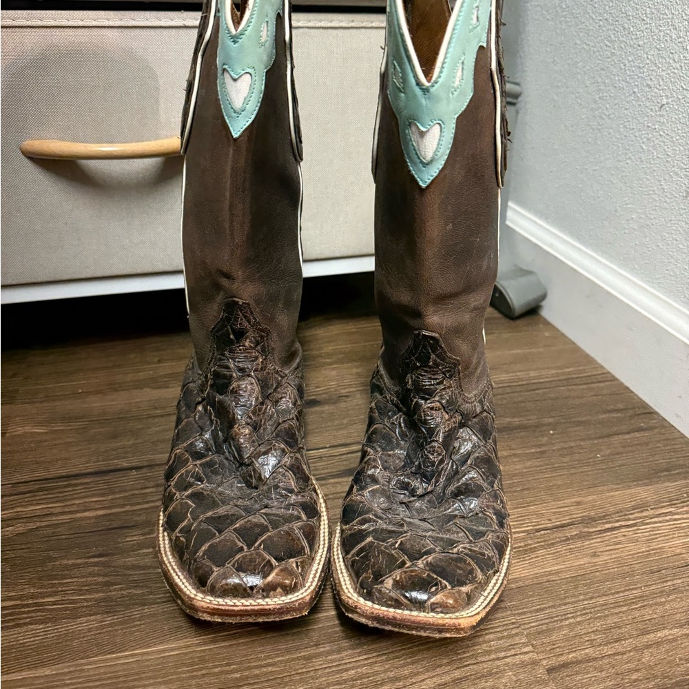 Western Brown Leather & Turquoise Inlay Women's Cowboy Boots
